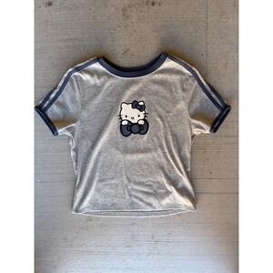 Hello Kitty Crop Top Ringer Tee Y2K Sanrio Gray Blue Trim Medium